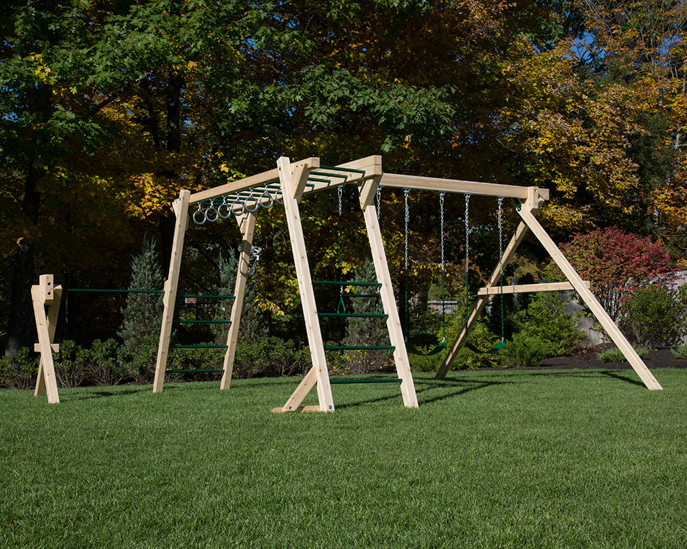 Monkey bars, swing set with rings and a turning bar.