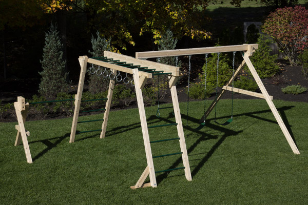 Cedar play set with monkey bars and 3 swings.