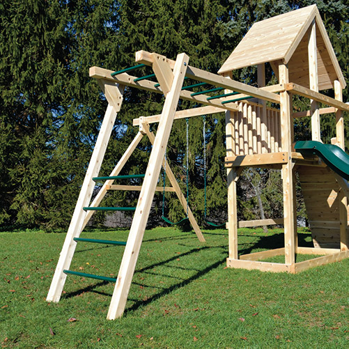 Wooden swing set monkey bars with green steel pipe and angled ladder.