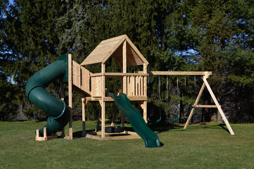 Swing Set with tube slide and Wood Roof