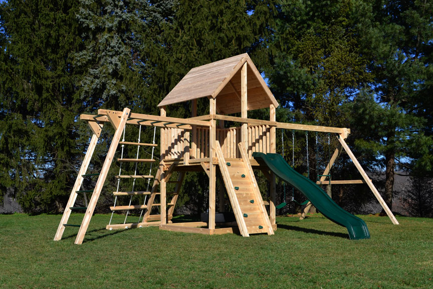 Cedar swing sets with wood roof, monkey bars and wave slide.
