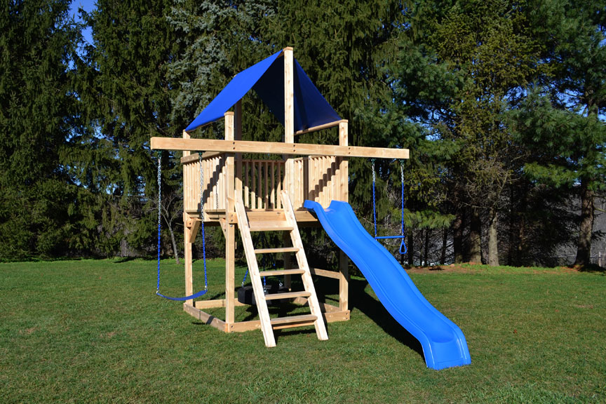 Cedar swing sets with blue canopy roof and slide for small yards.