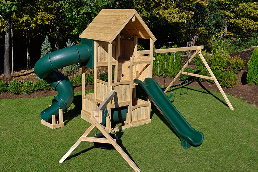 Cedar swing set with five levels, wood roof, monkey bars, tube slide and tire swing.