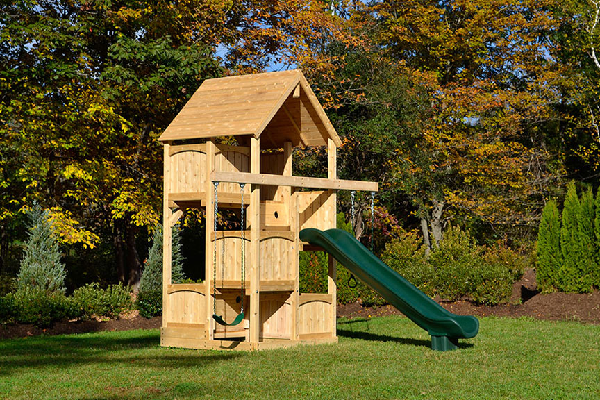 Cedar swing set with wood roof and slide for small yards.