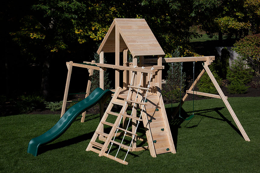 Cedar swing set with wooden roof and monkey bars.