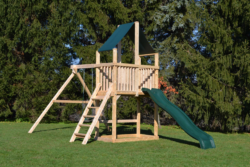 Cedar swing sets with two swings, a green slide and canopy roof. 