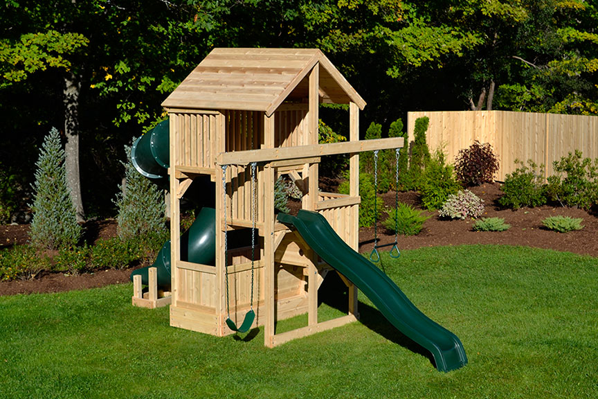 Multi level swing swing set for small yards with a tube slide.