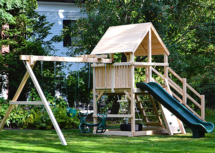 Cedar swing set with wooden ramp in Cambridge, MA