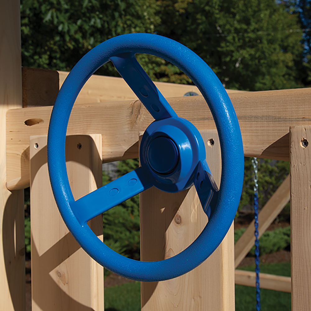 Pley set steering wheel on cedar swing set.