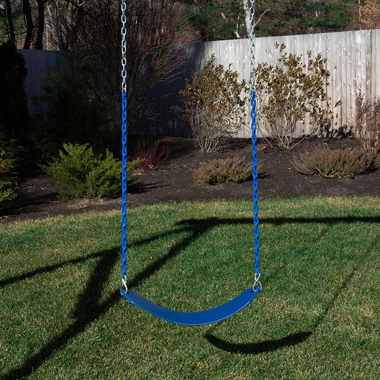 Green belt swing with Vinyl Dipped Chains attacted to a cedar swing set.
