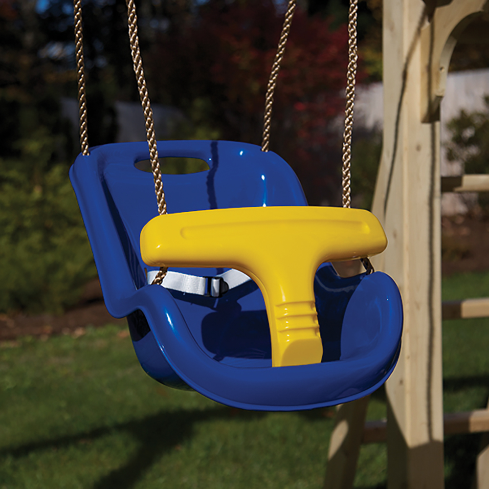 Green and yellow plastic infant swing with rope.
