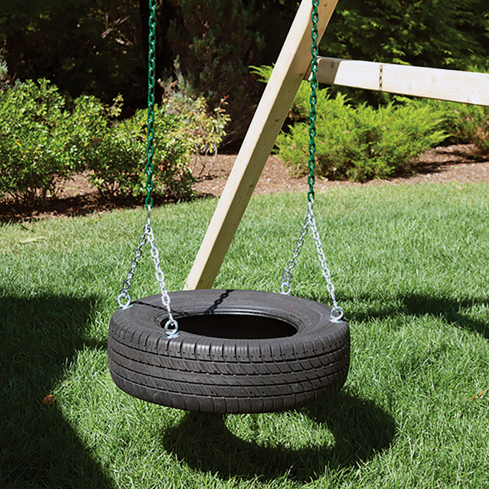 Tire swing with Vinyl Dipped Chains attacted to a cedar swing set beam.