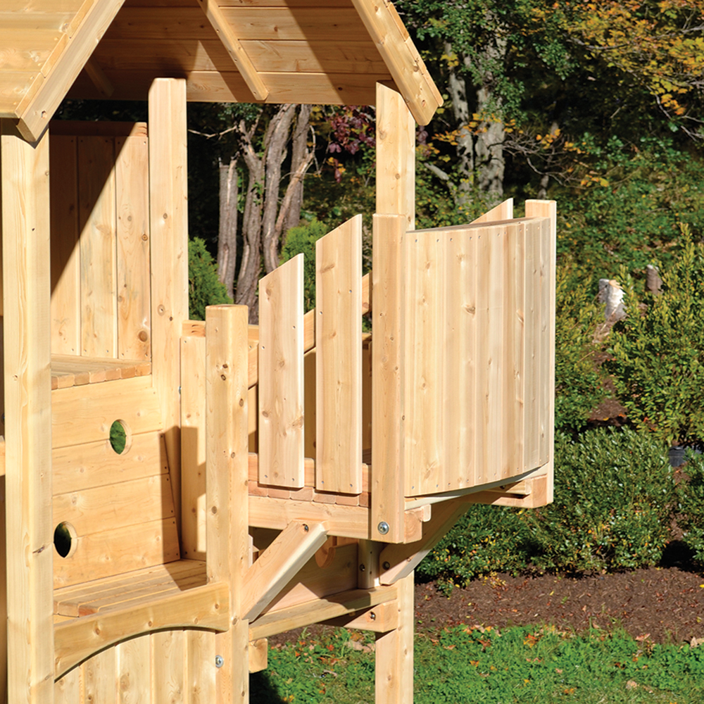 Wooden swing set crow's nest with arched front panel.