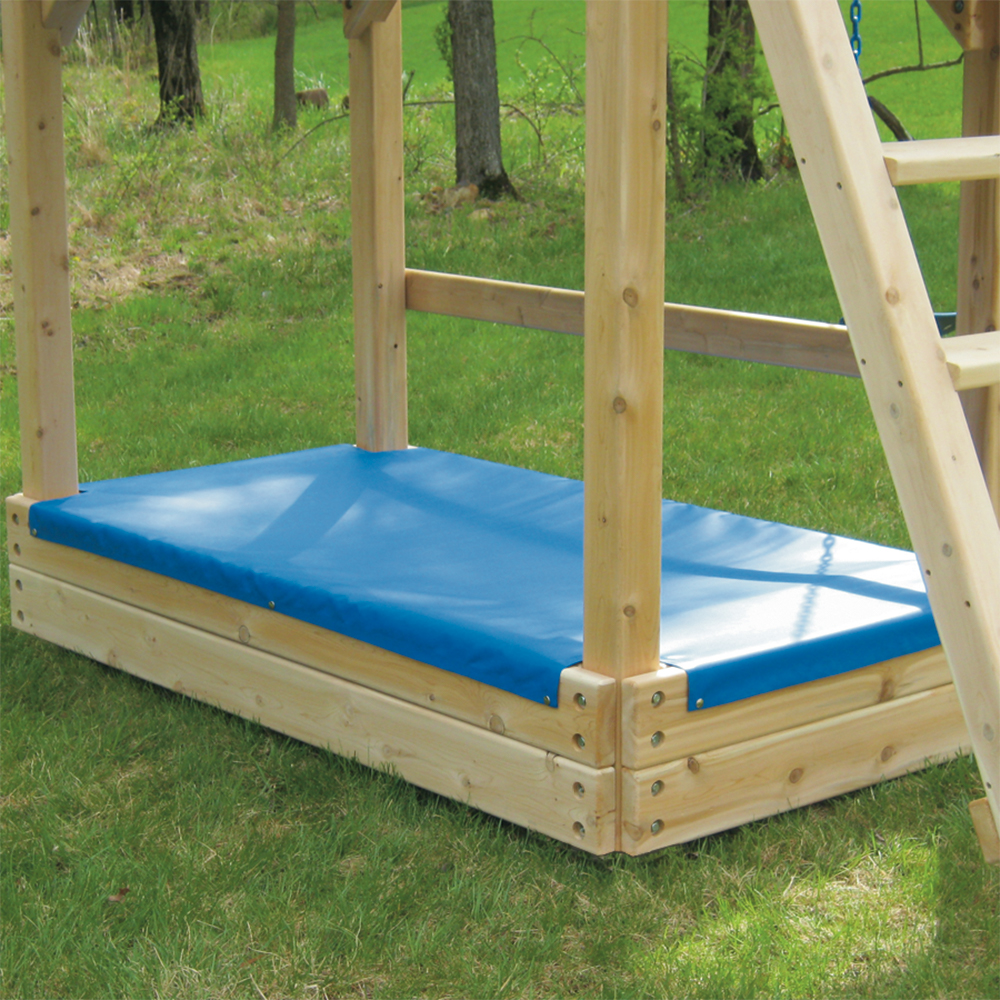 Wooden sandbox under the play fort with blue sand cover and seats.