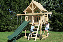 Triumph Play System's Kelton Space Saver girls on swing set.