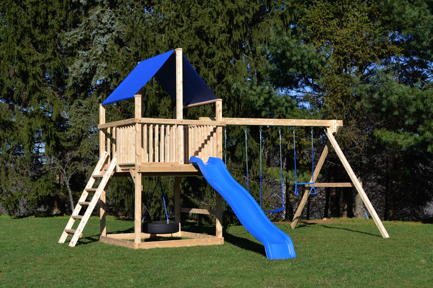 Triumph Play System's Bailey wooden swing set with tire swing and super large play deck.