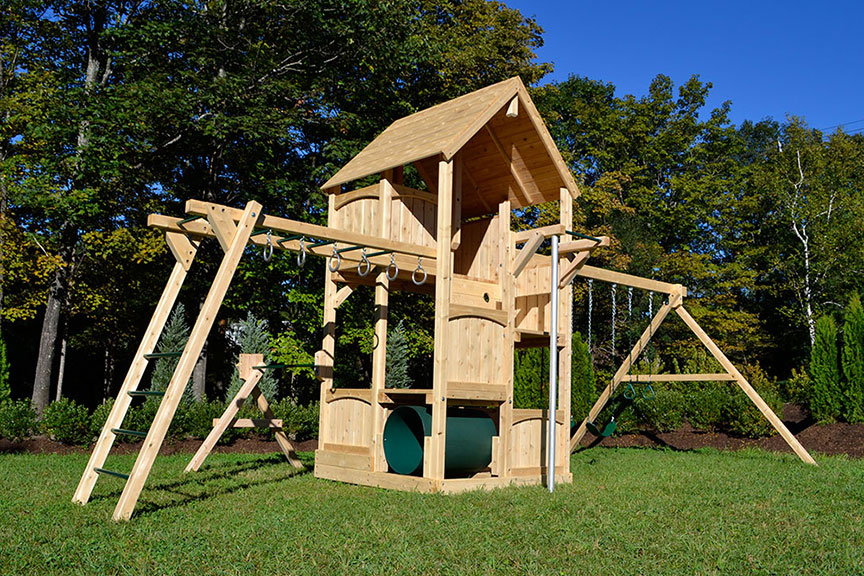 Triumph Play System's Canterbury wooden swing set with fire pole and turning bar.