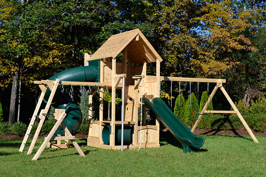 Cedar swing set with five levels, wood roof, fire pole and large scoop slide.