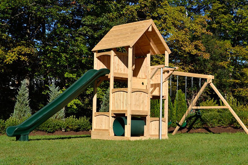 Triumph Play System's Bailey wooden swing set with tire swing and super large play deck.