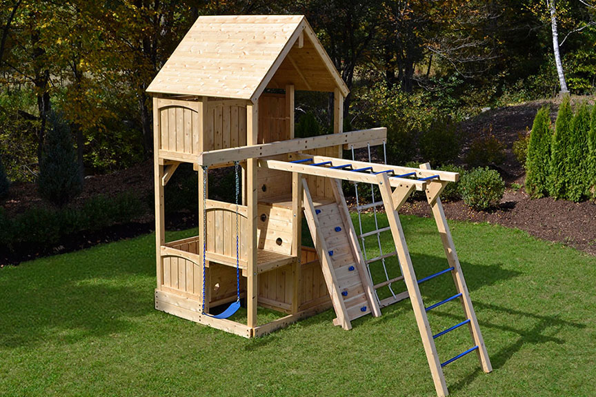 Cedar swing set with wood roof and slide for small yards.