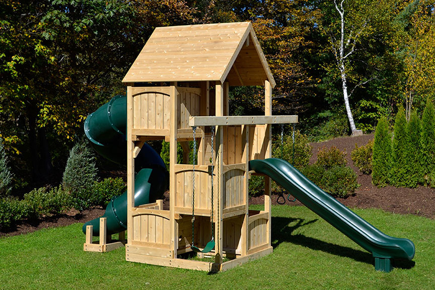Cedar swing set with woof roof, tube slide and swings for small yards.