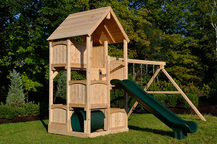 Cedar swing set with five levels, wood roof, crawl tube and slide.