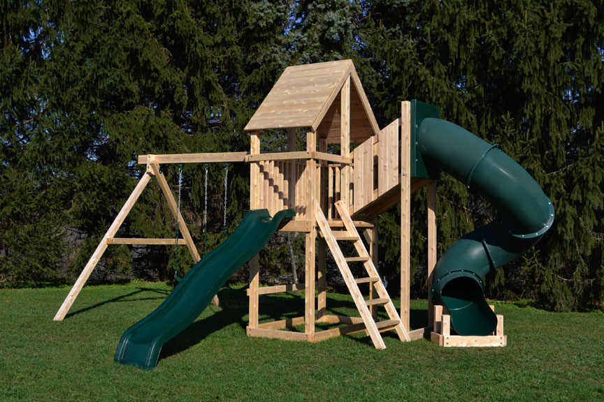 Cedar swing sets with wood roof and green tube slide.