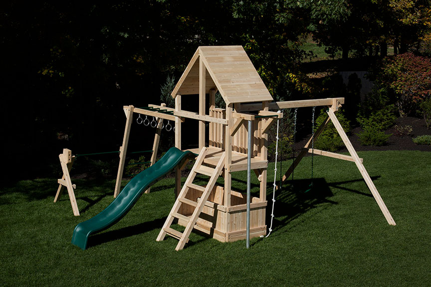Cedar swing set with wooden roof and monkey bars.