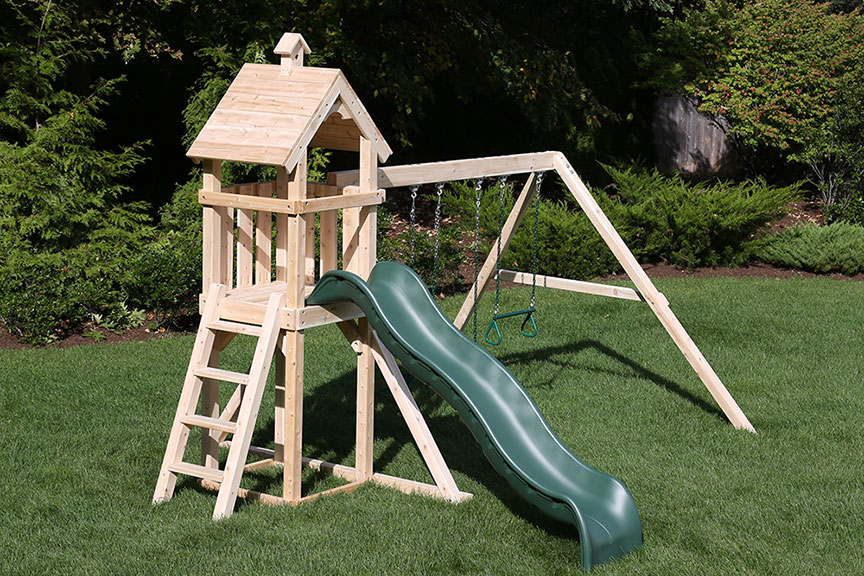 Small swing set with 3 swings and slide.