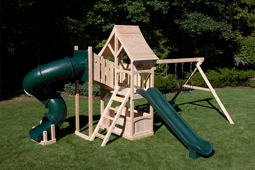 Cedar swing set with arched wood roof and tower - plus a green tube slide.