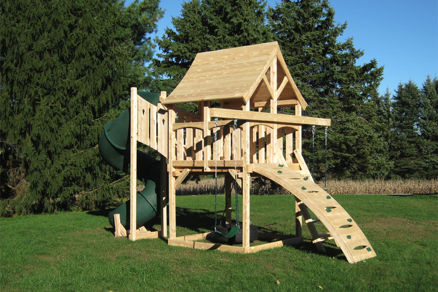 Triumph Play System's Kelton Space Saver Deluxe cedar swing set with tube slide for small yards.