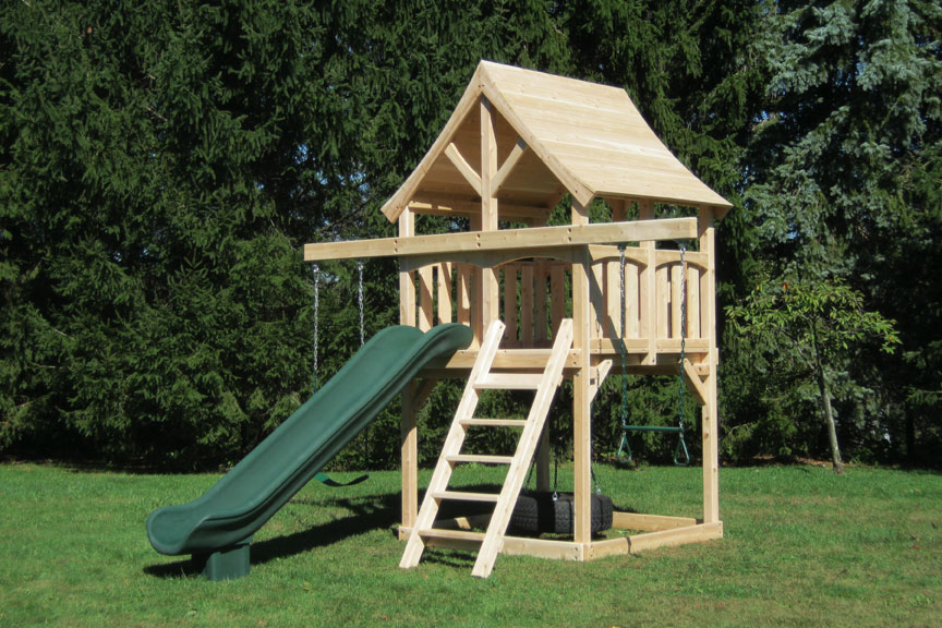 Triumph Play System's Kelton Space Saver cedar swing set for small backyards.