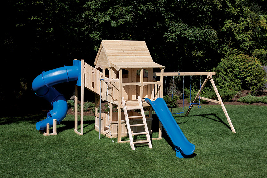 Triumph Play System's Nottingham Deluxe cedar swing set with wood roof.