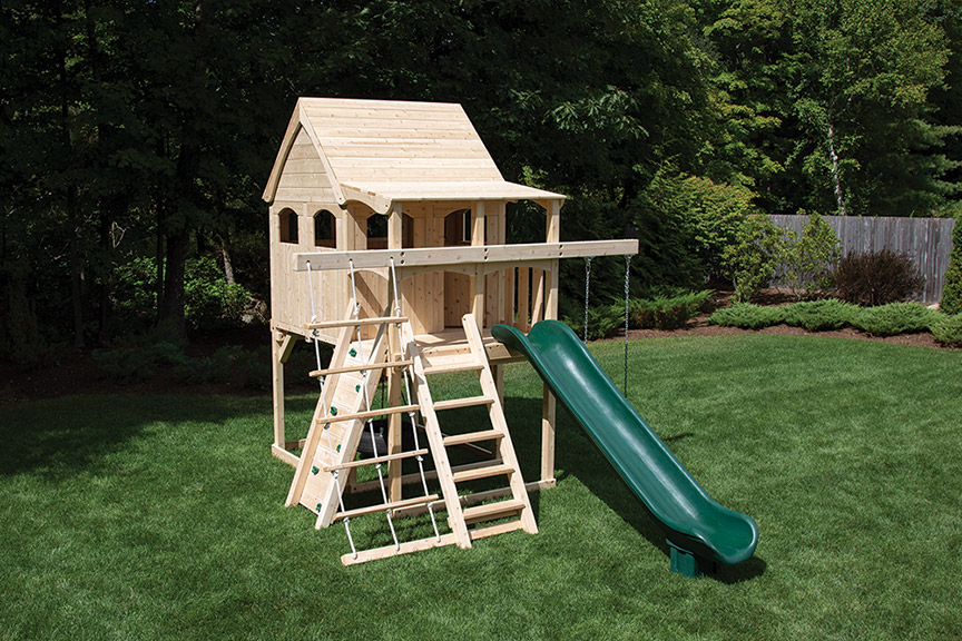 Triumph Play System's basic nottingham cedar swing set with wood roof.