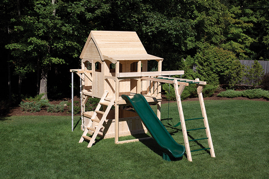 Triumph Play System's basic nottingham cedar swing set with wood roof.