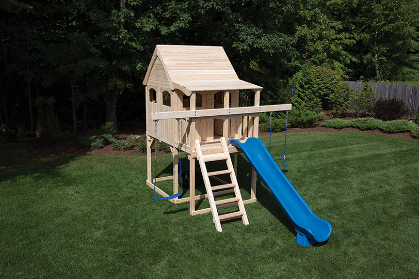 Triumph Play System's basic nottingham cedar swing set with wood roof.