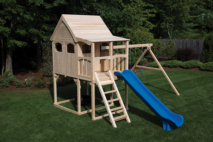 Cedar Swing Set tree house with walls and roof.