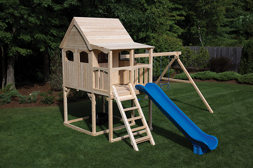 Triumph Play System's basic nottingham cedar swing set with wood roof.