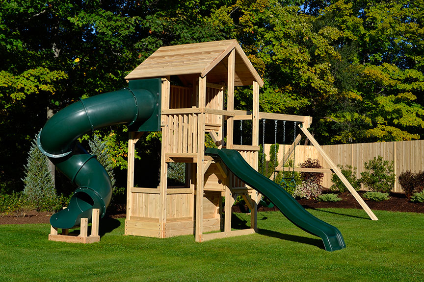 Cedar swing set with tube slide and swings.