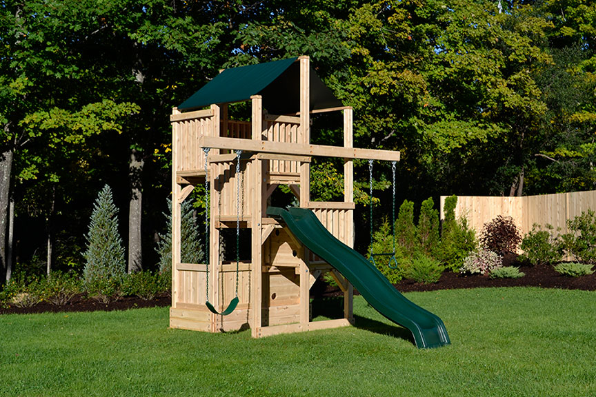 Space saver swing set with wave slide and a belt swing.