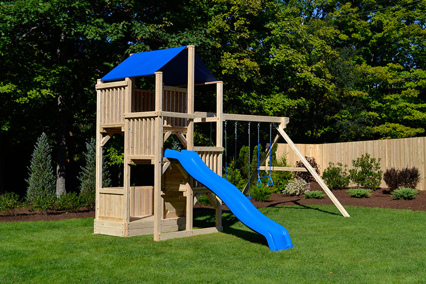 Triumph Play System's quad tower cedar swing set with wave slide.