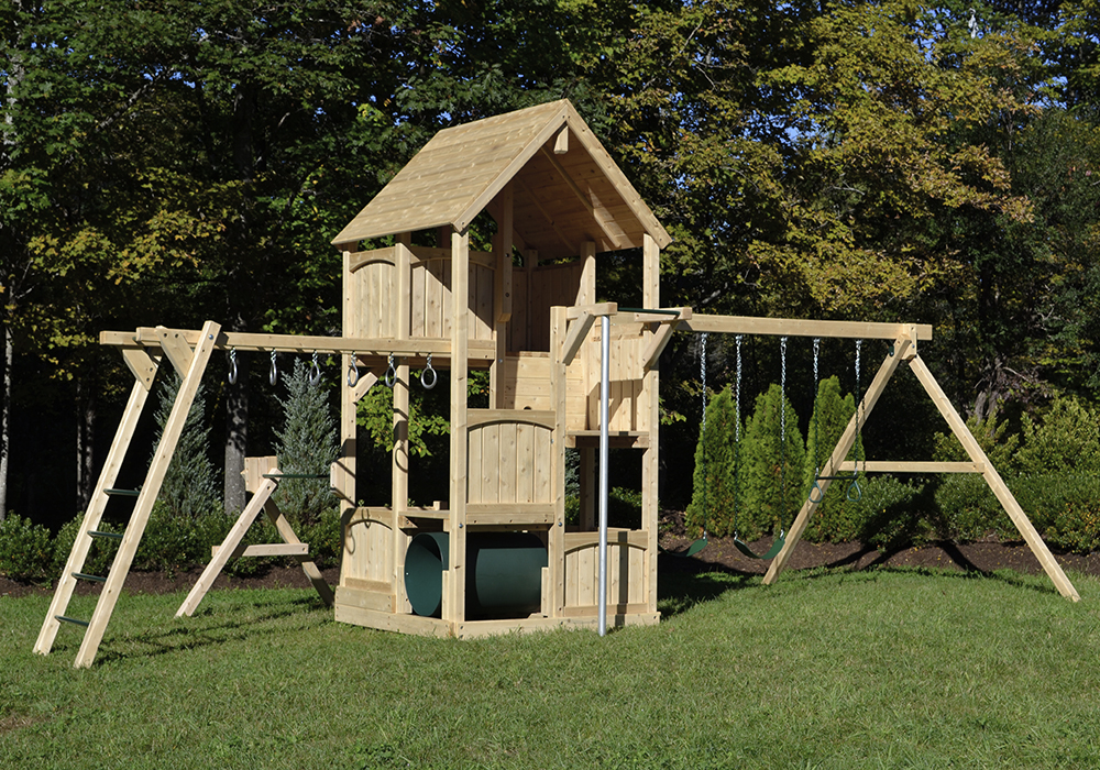 Triumph Play System's Canterbury wooden swing set with fire pole and turning bar.
