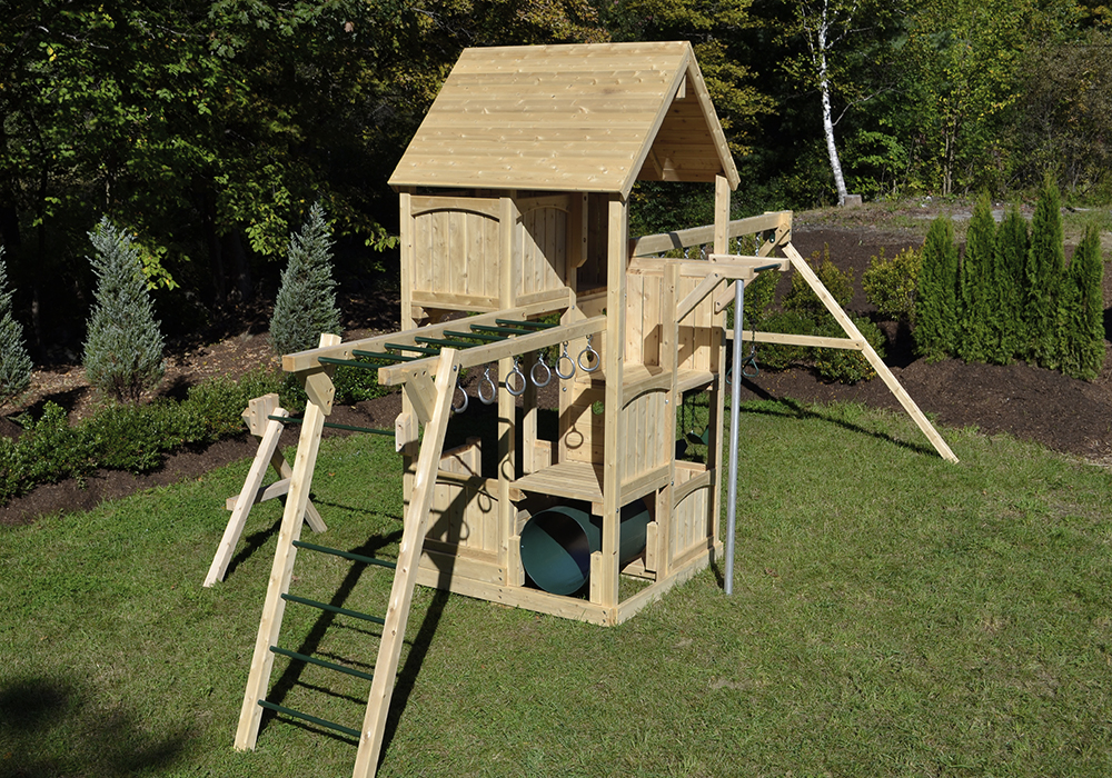 Triumph Play System's Canterbury wooden swing set with fire pole and turning bar.