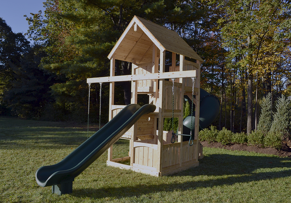 Triumph Play System's Canterbury Space Saver Deluxe cedar swing set with tube slide.