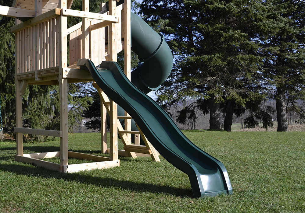 Triumph Play System's Dunmore cedar swing set with tube slide.