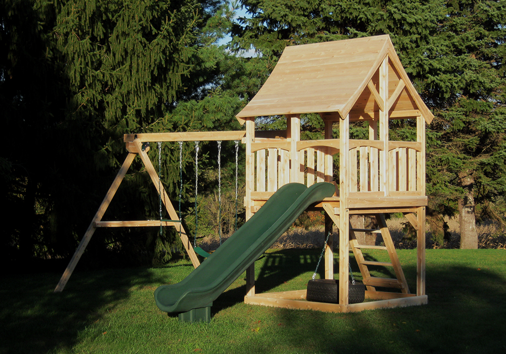 Triumph Play System's basic Kelton cedar swing set with wood roof.
