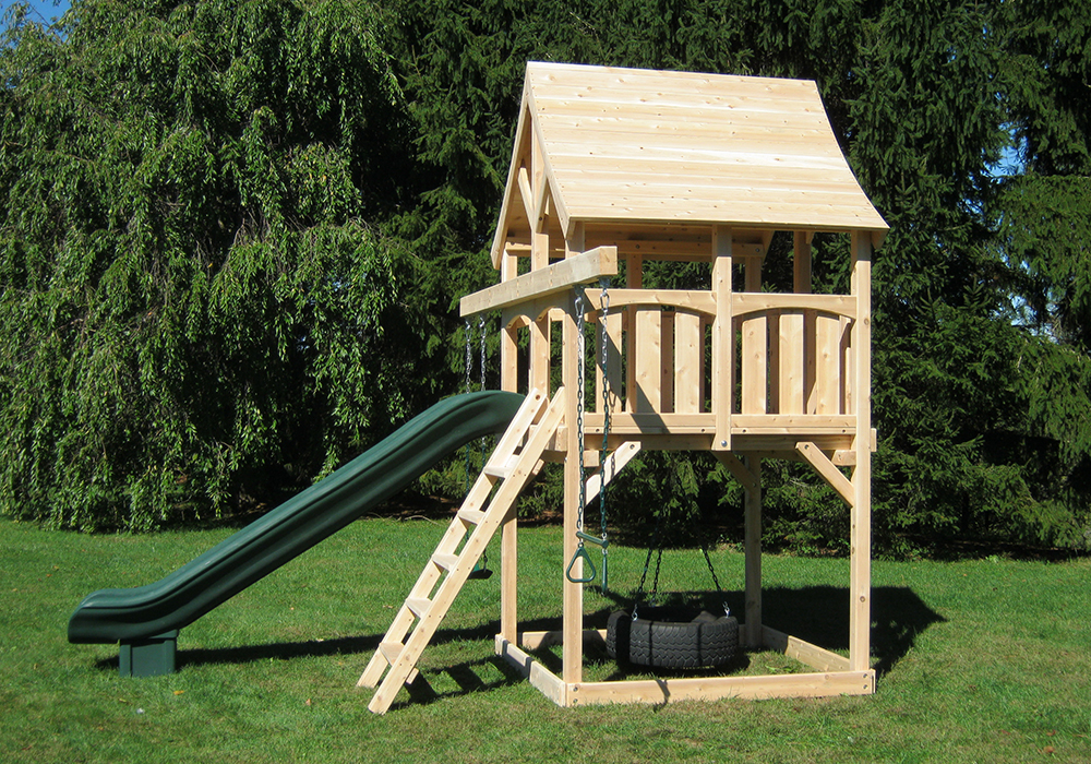 Triumph Play System's Kelton Space Saver cedar swing set for small backyards.