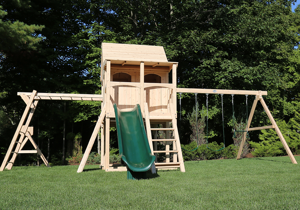 Triumph Play System's Nottingham Climber cedar swing set with wood roof.