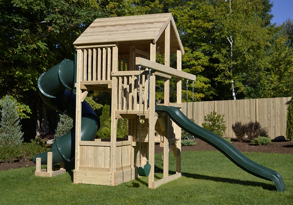 Cedar swing set with tube slide for small yards.